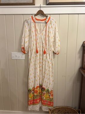 Women’s Boutique Cream Maxi Dress w/ Multicolored Floral, Tie Neck, Size 38/L